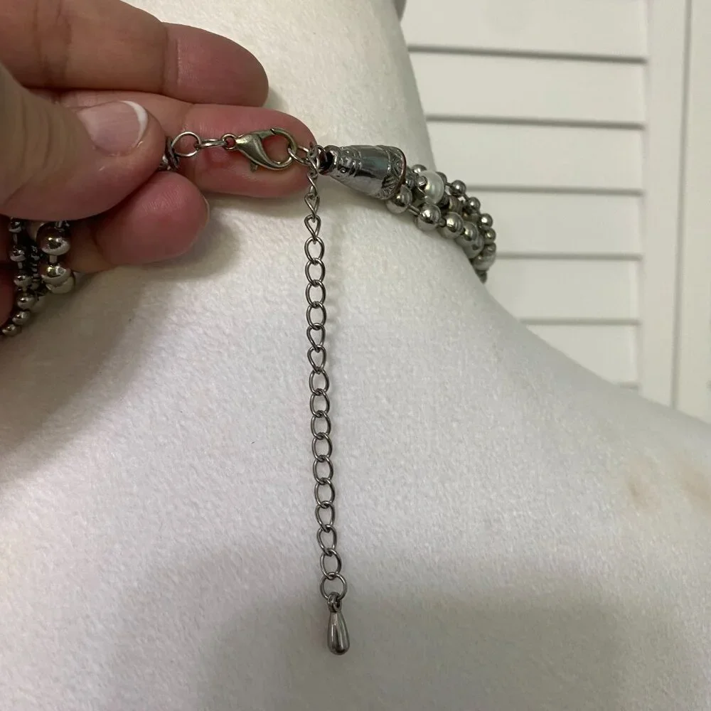 Vintage 70s Statement Necklace with Silver Toned & Faux Pearl Beads 34" #391 - Picture 5 of 5